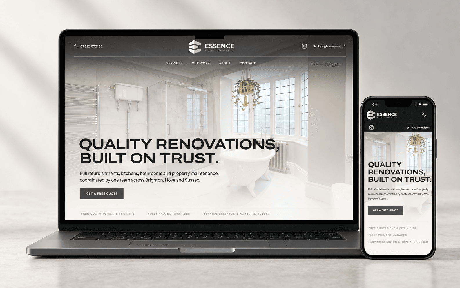 The current Essence Construction website presented across a laptop and phone.