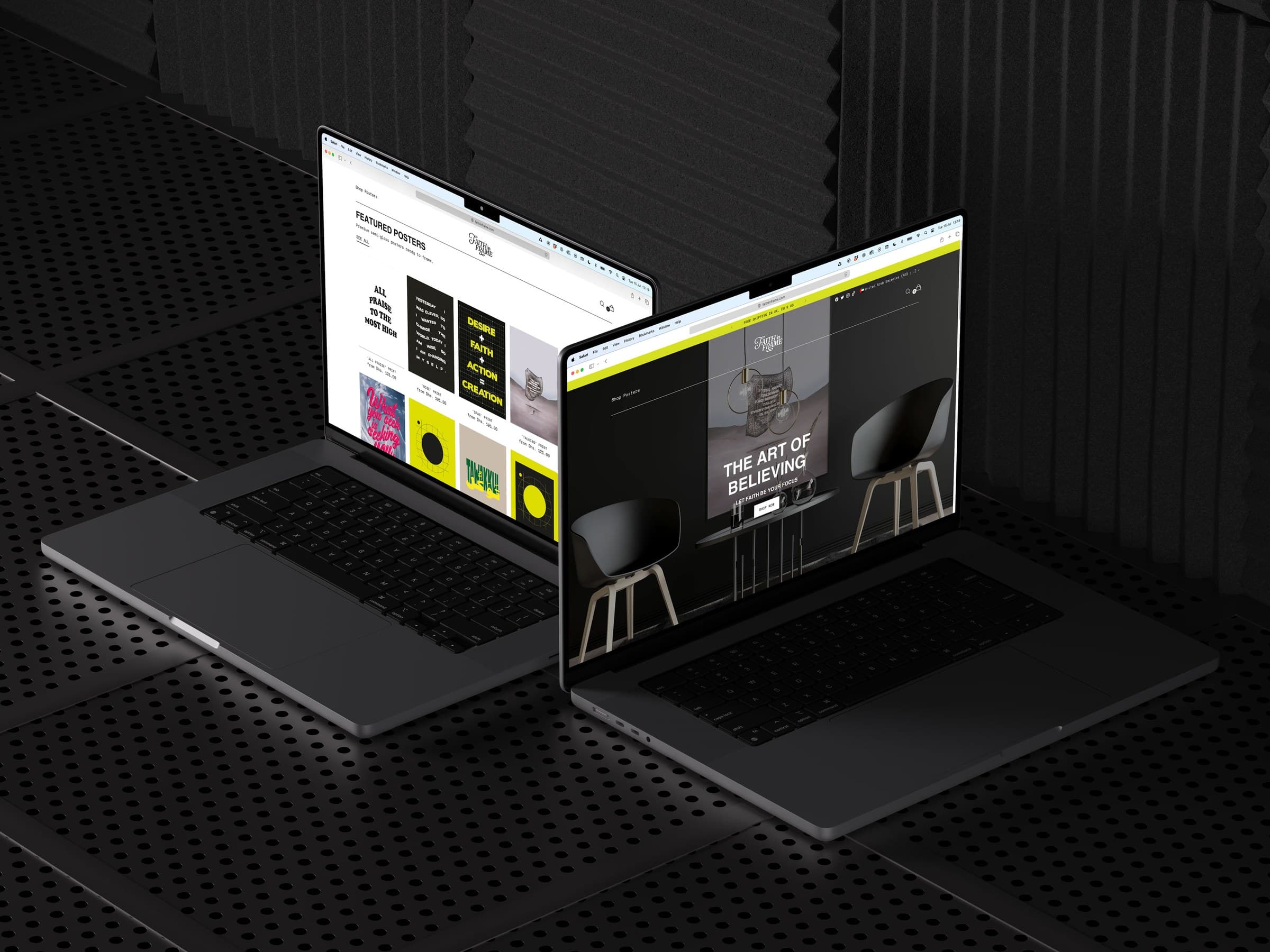 The Faith In Frame catalogue and storefront shown across two laptops.