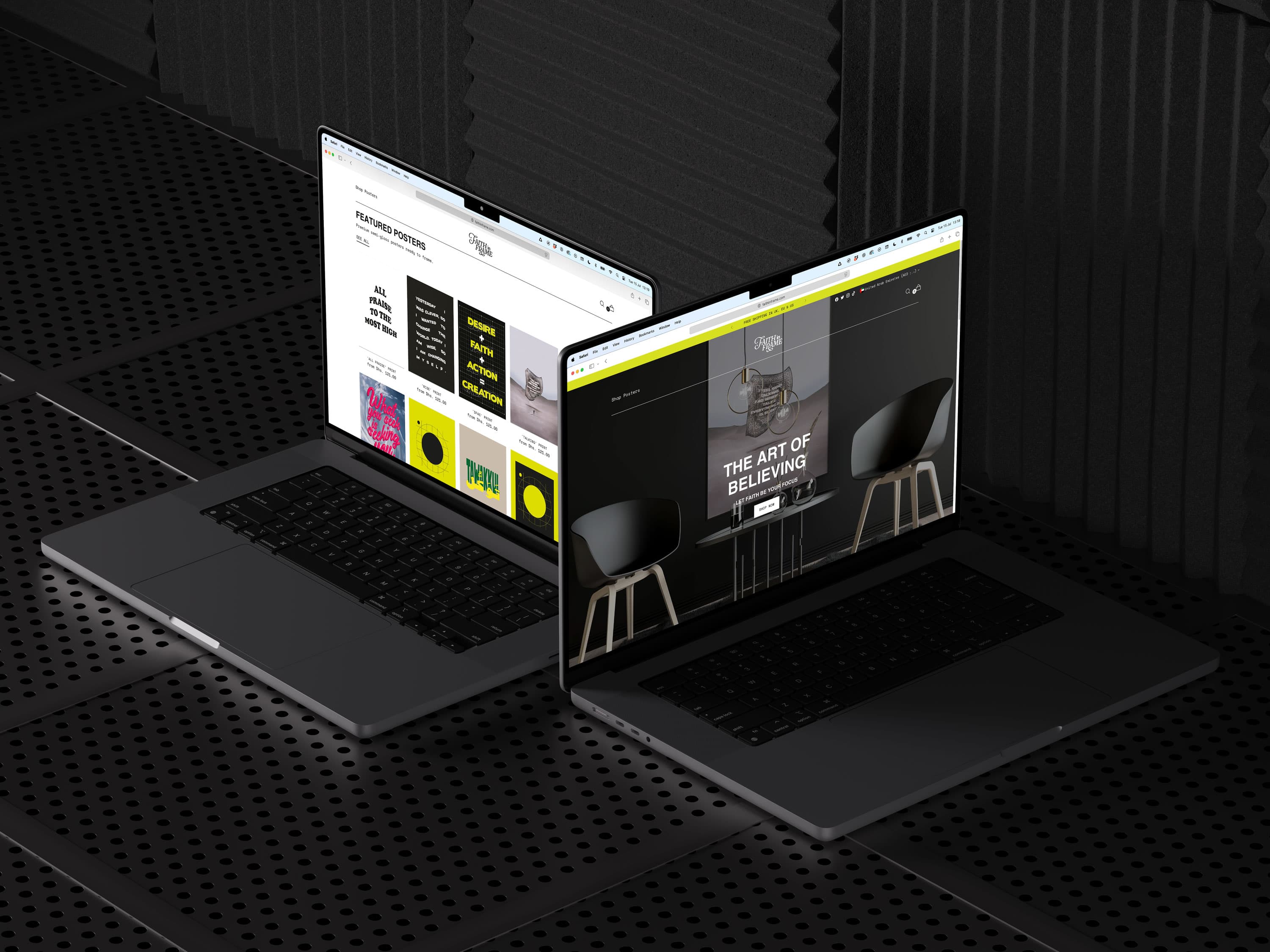 The Faith In Frame storefront and poster catalogue presented across two laptops.