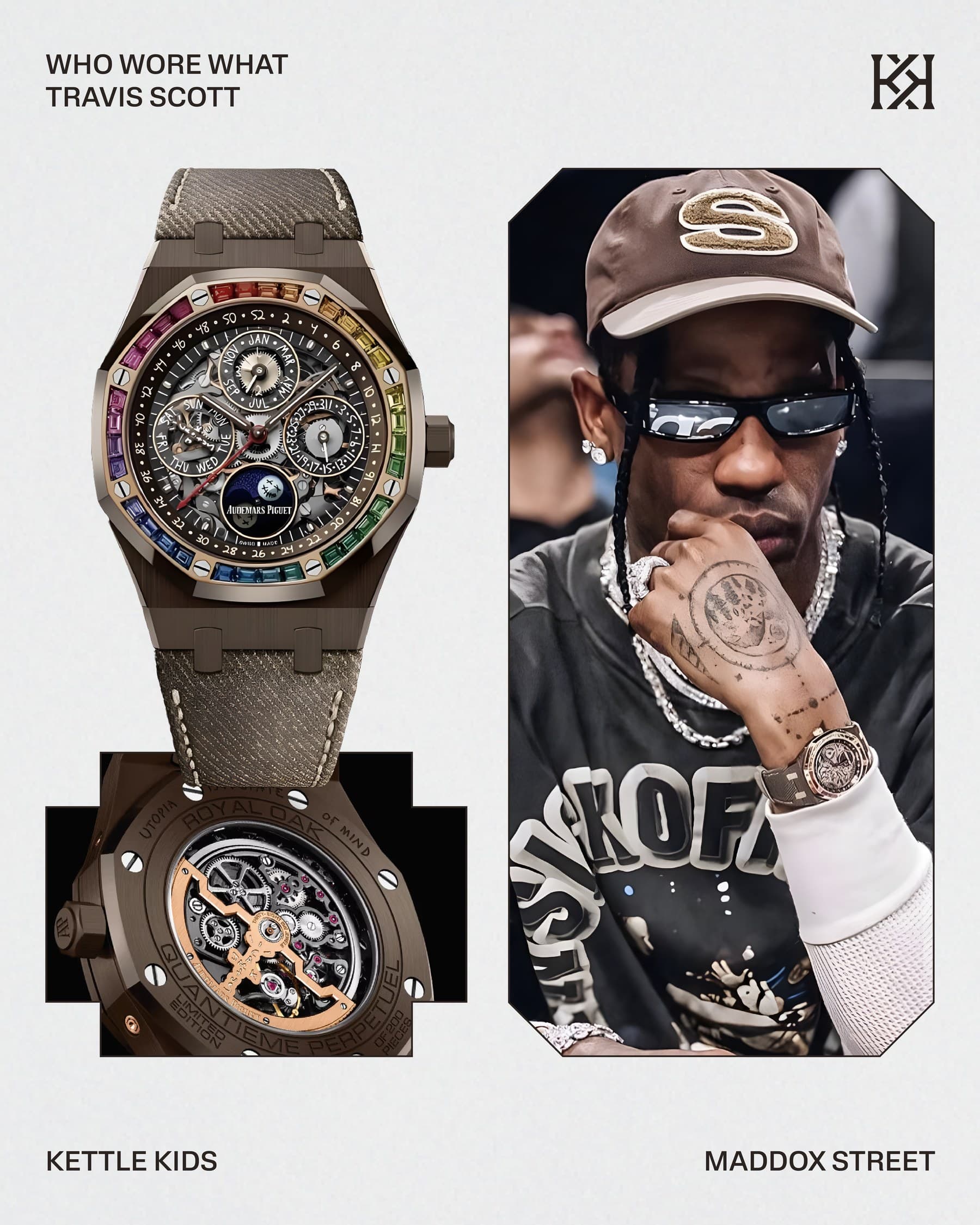 Who Wore What pairs a rainbow Audemars Piguet with Travis Scott wearing it.
