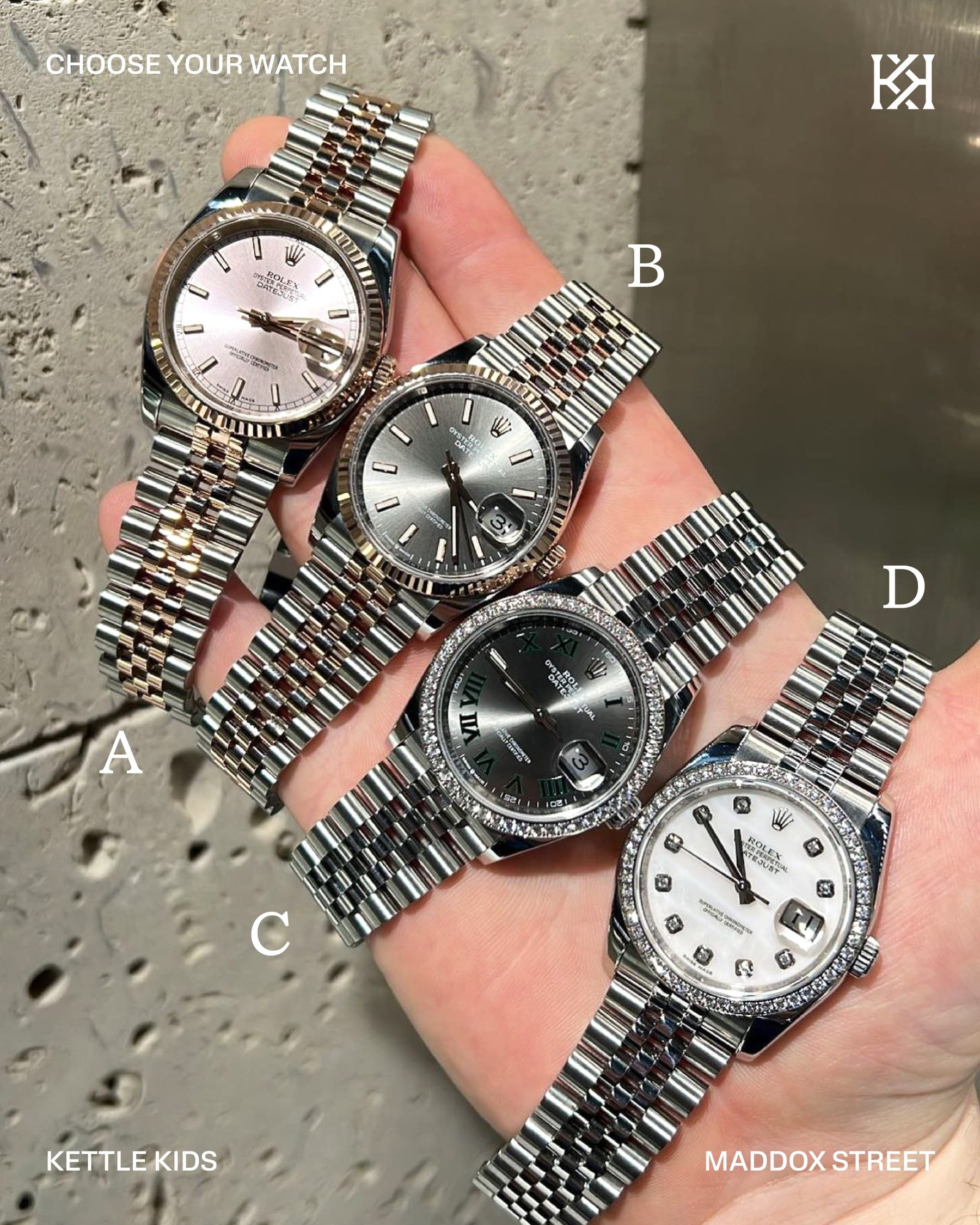 Choose Your Watch presents four references on one wrist for the audience to debate.