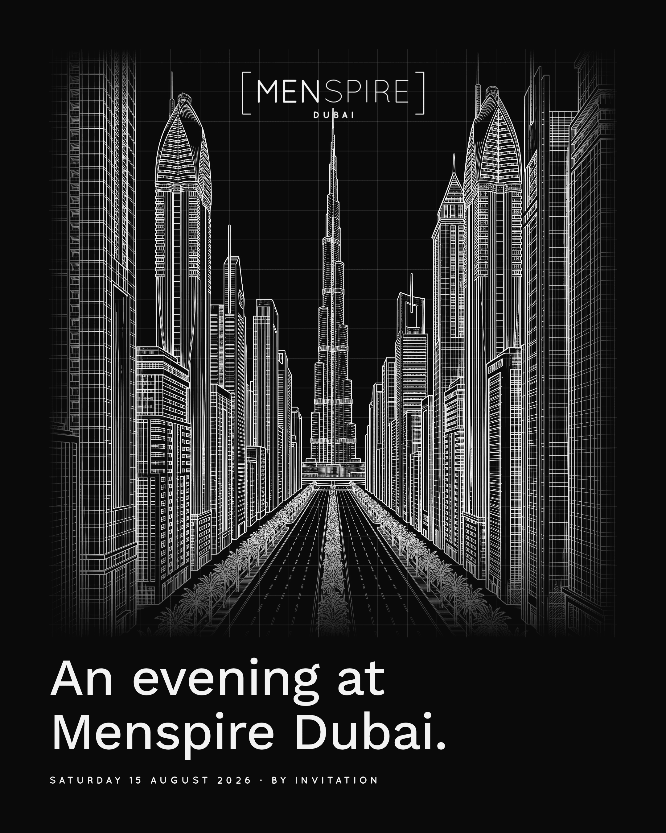 Menspire Dubai event artwork using a custom city illustration.