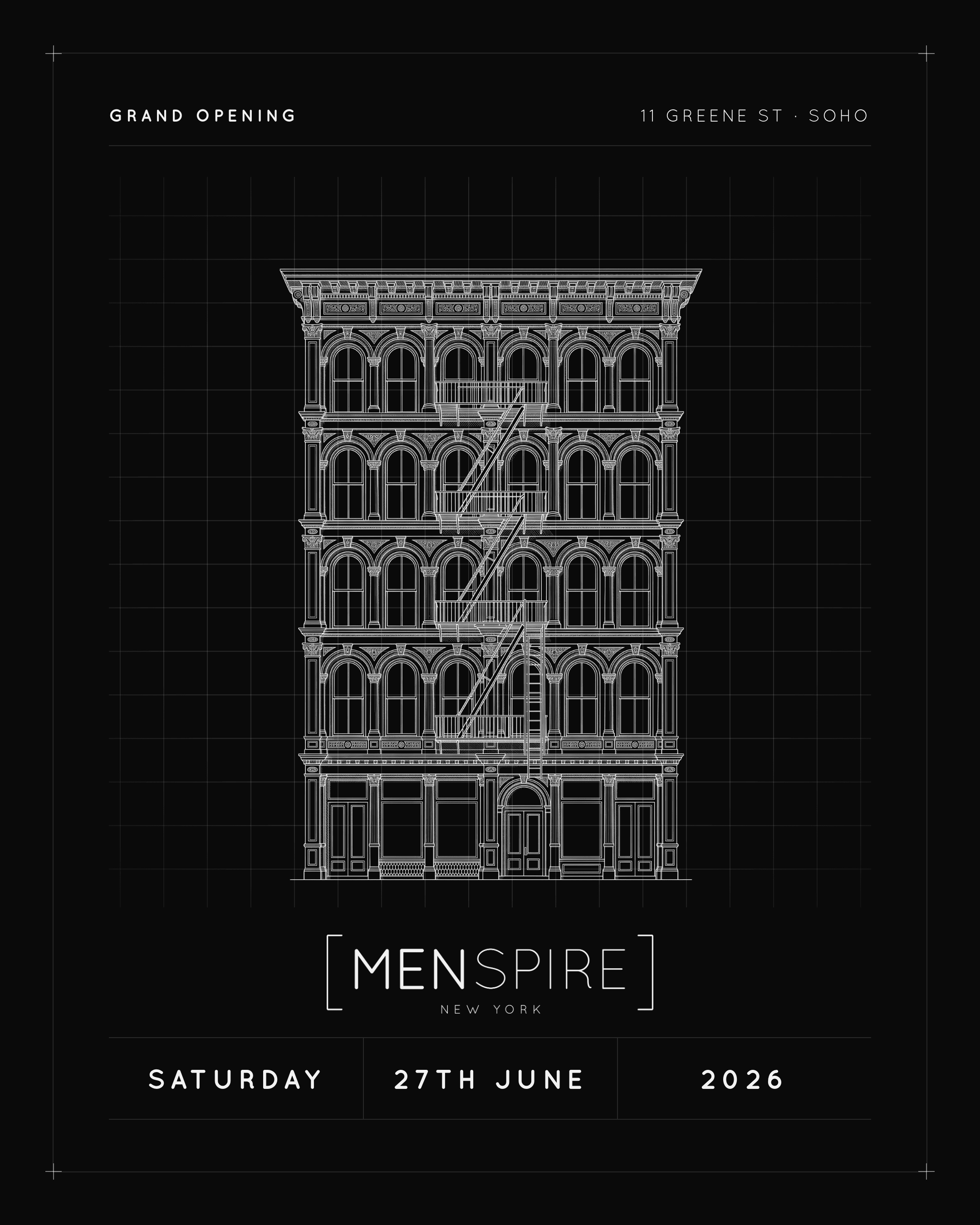 Menspire New York launch artwork built around an architectural line illustration.