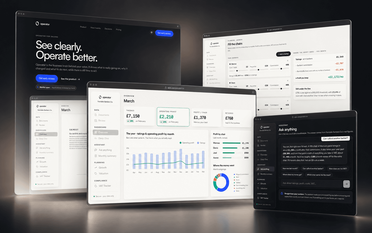 The Operator website and salon software presented as a precise interface system.