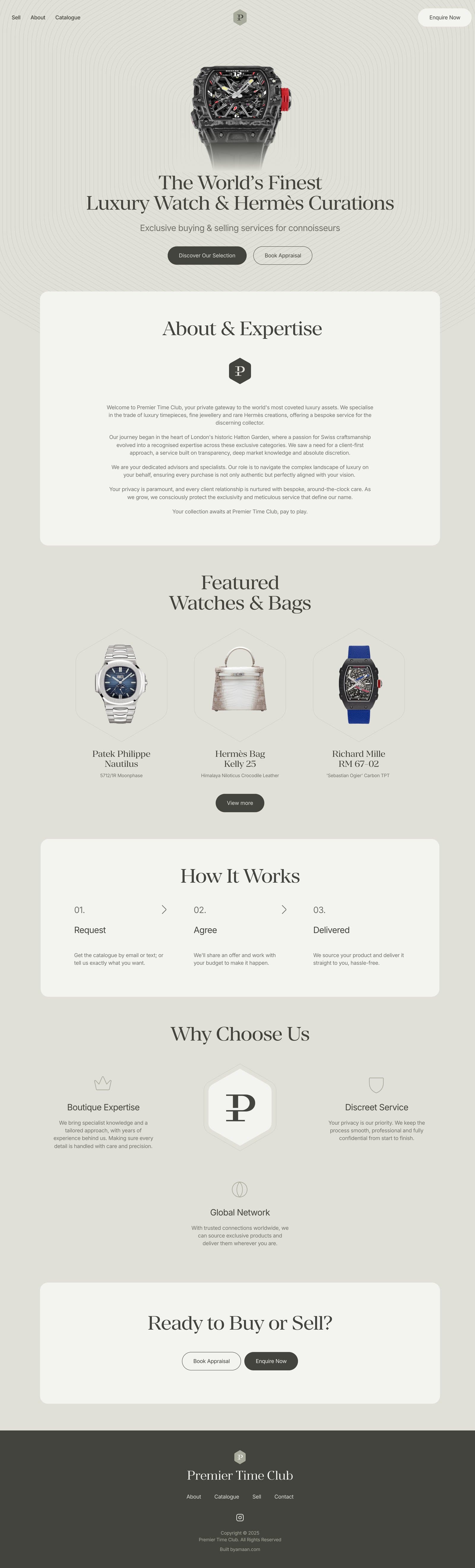 The Premier Time Club website scrolling through its hero, expertise, featured watches and Hermès.