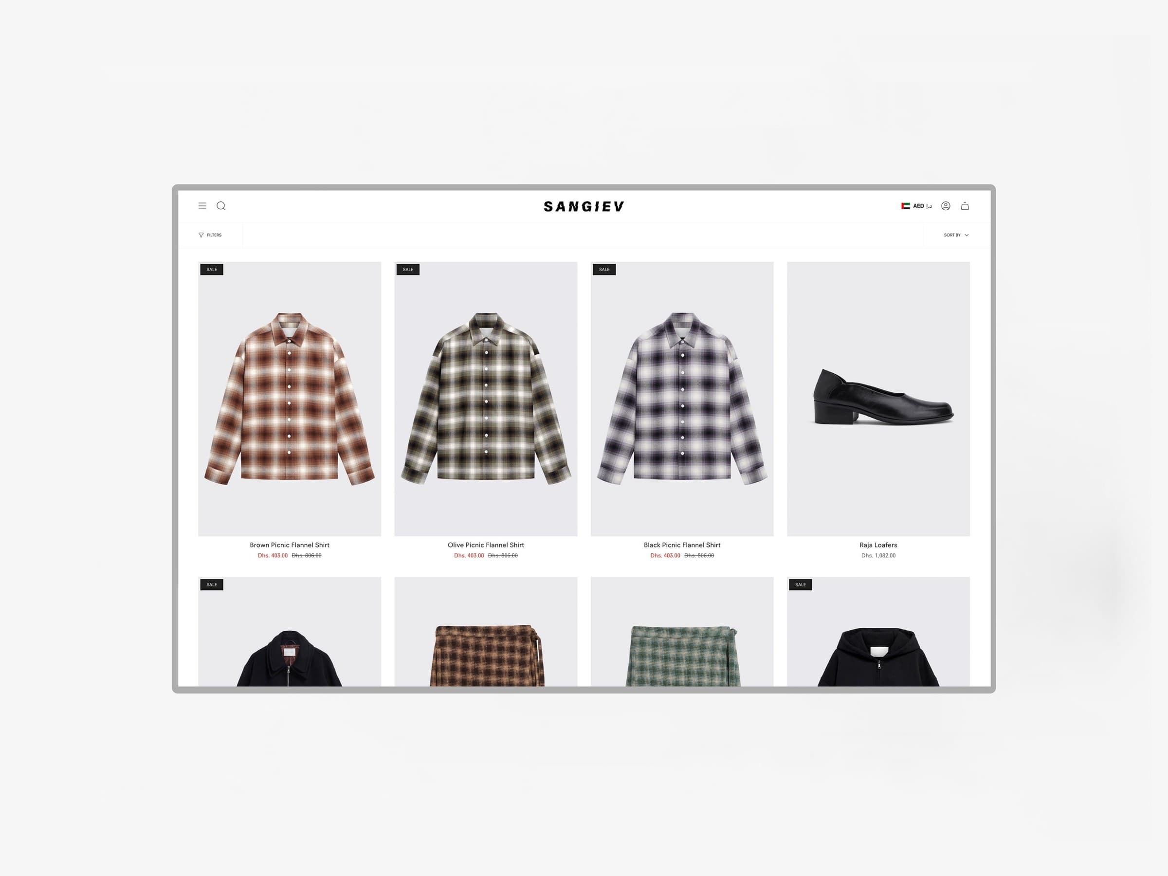 The Sangiev desktop catalogue presenting the collection in a restrained four-column grid.