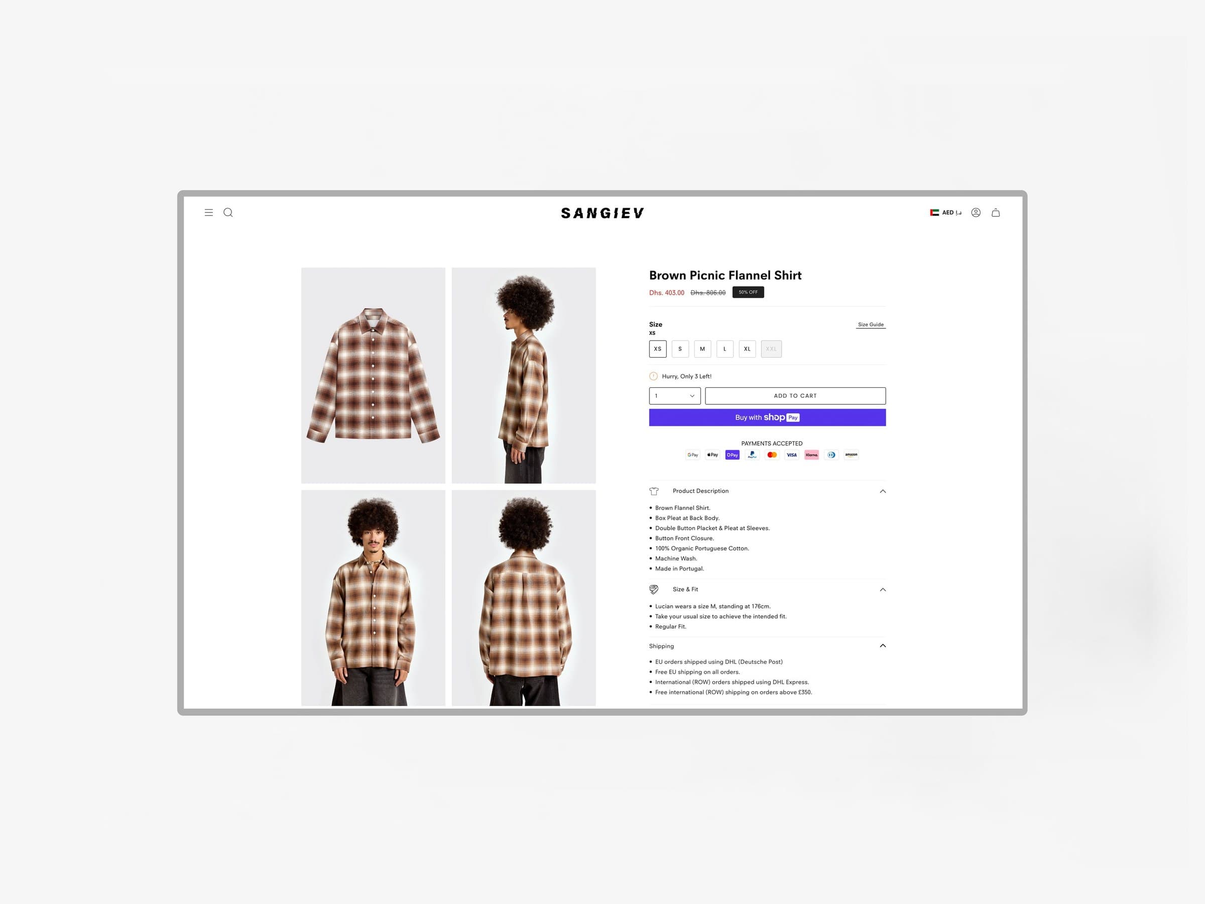 The Sangiev desktop product page showing garment photography, sizing, shipping and checkout details.