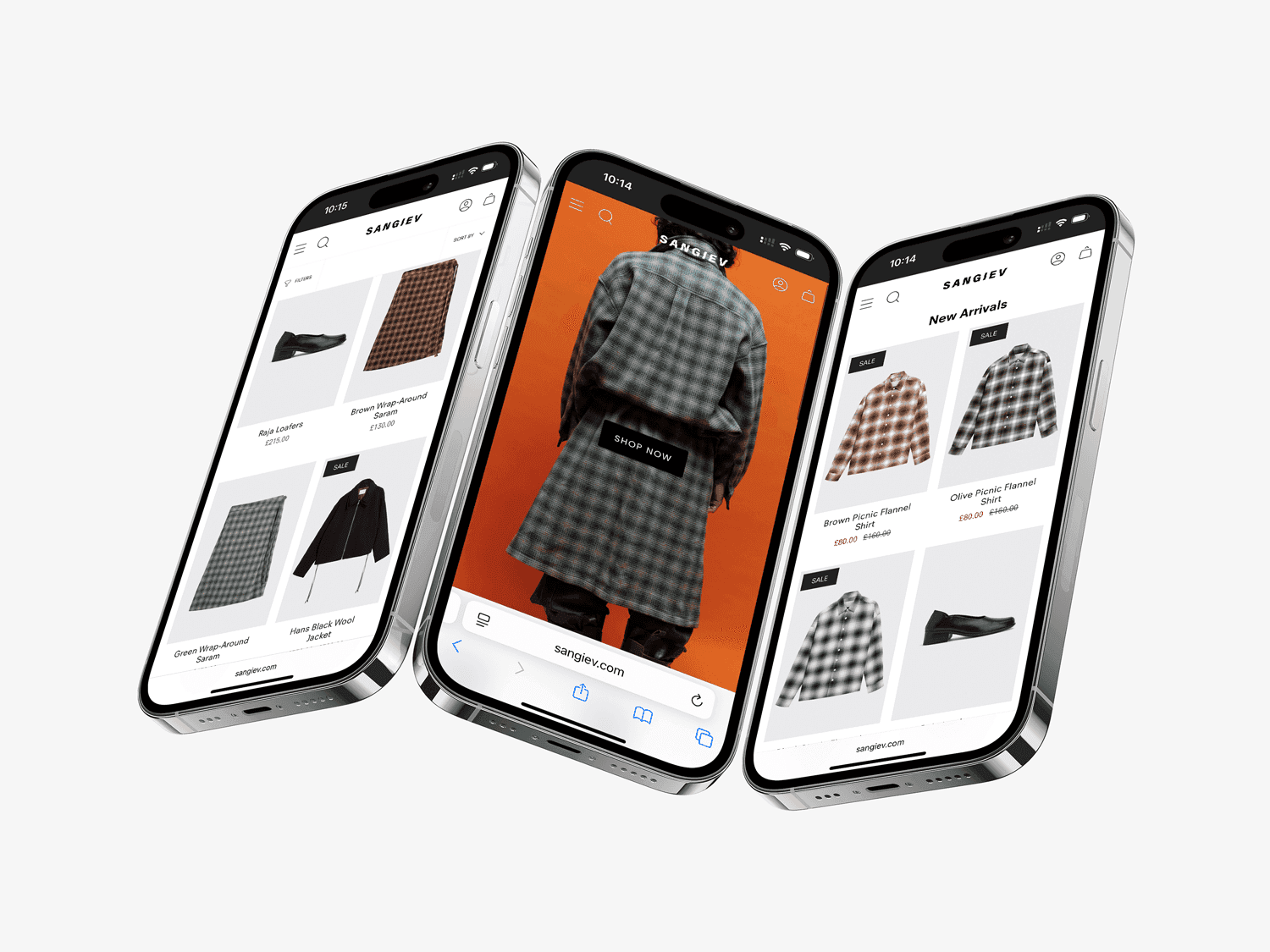 The Sangiev fashion store presented across three angled mobile devices.